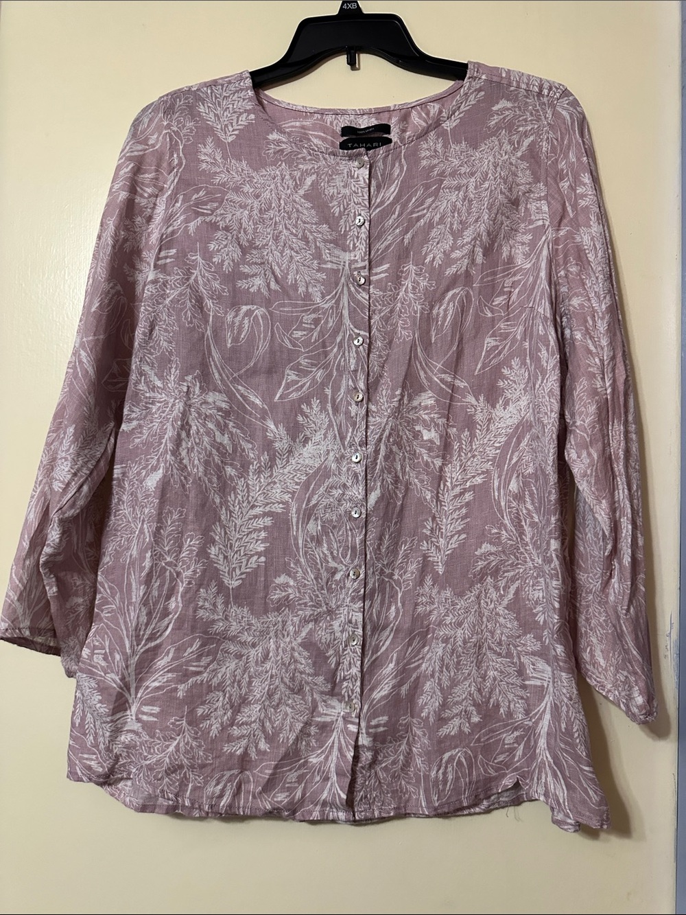 Tahari Soft Mauve Floral Button-Front Blouse 100% Linen